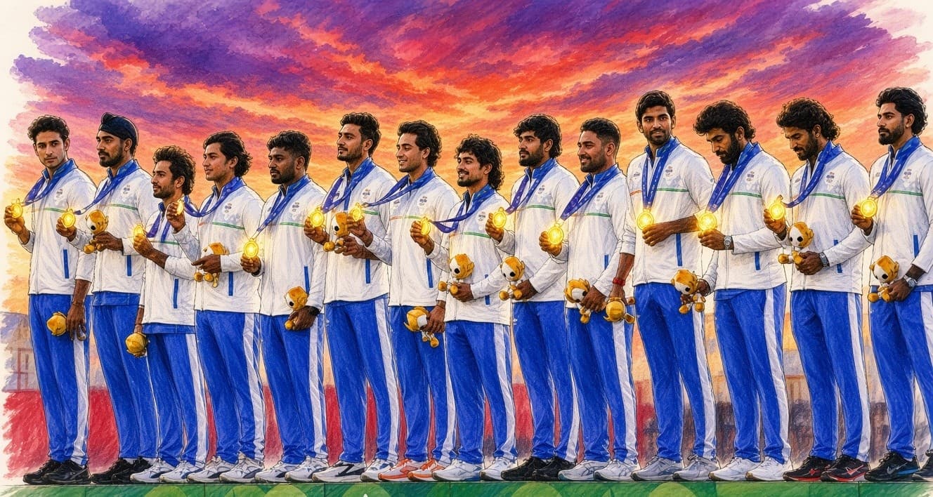 Supplied illustration of India’s cricket medal celebration; presented as artwork, not a documentary photograph.