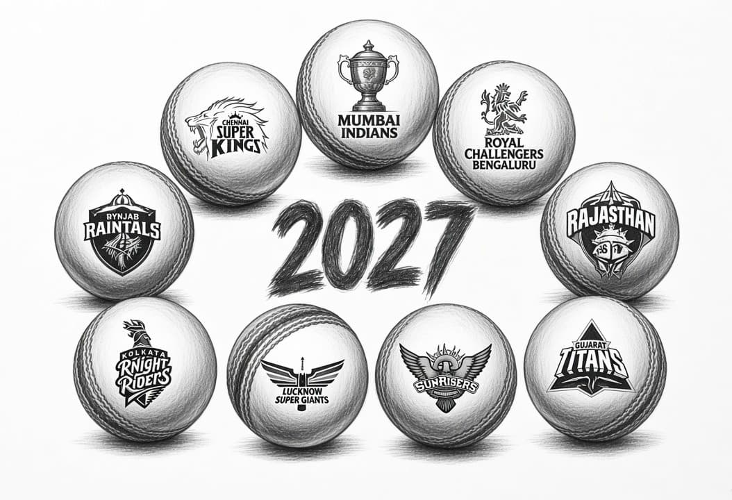 CricBubble sketch illustration with cricket balls representing IPL teams around 2027