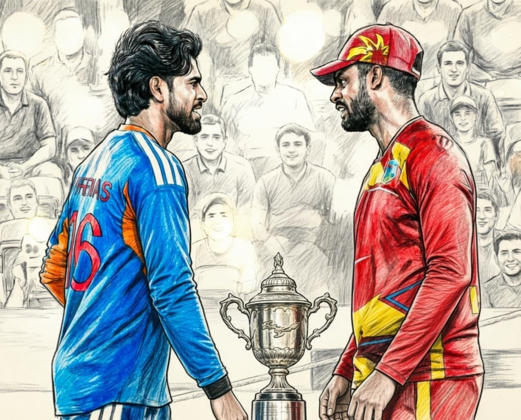 CricBubble illustration of Shreyas Iyer and Shai Hope facing each other with a trophy